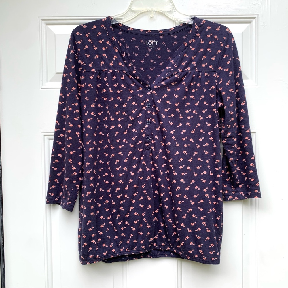 Ann Taylor LOFT Women Top Size S Blue Floral 3/4 Sleeve Shirt Blouse Casual Boho